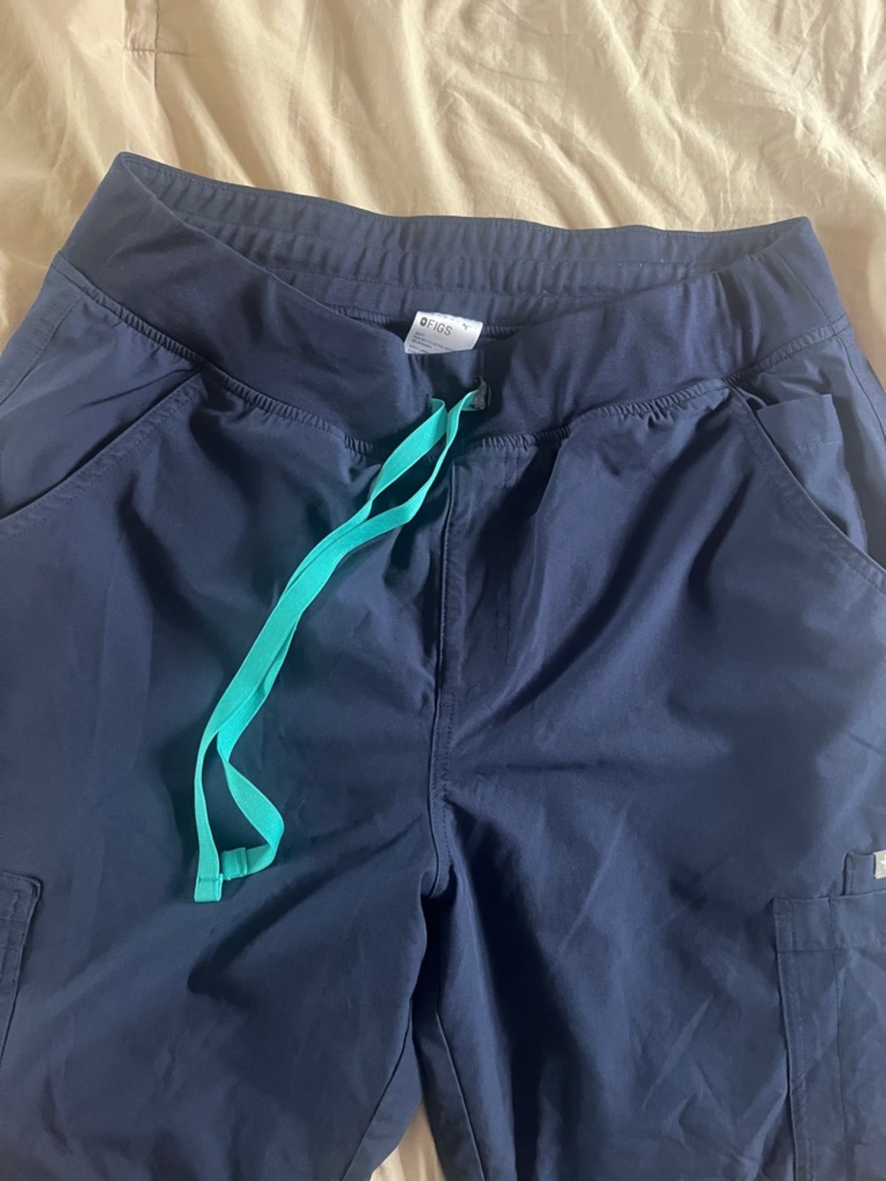Figs Women's Navy Scrub straight Pants with Teal Drawstring